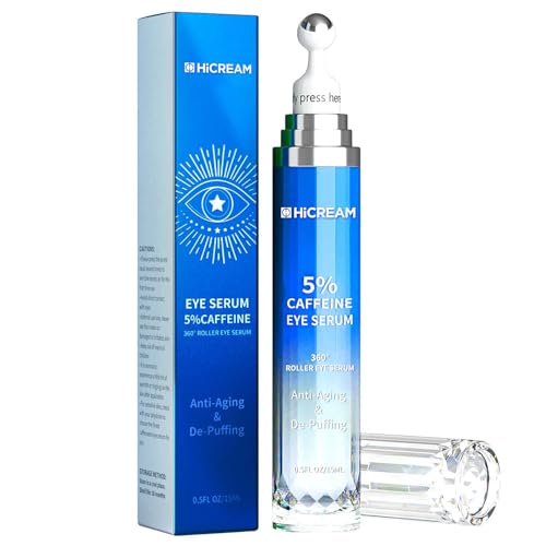 Hicream Eye Cream, Under Eye Serum with 5% Caffeine Hyaluronic Acid for Puffy, Fine Lines, Eye Bags, Dark Circles and Wrinkles, Eye Roller Serum with 360°Massage Balll, Eye Skin Care for Women & Men