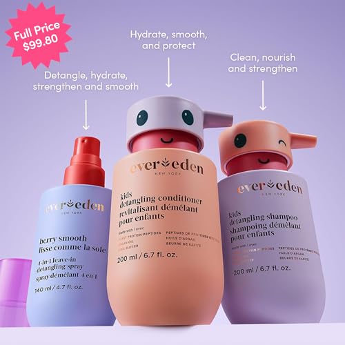Evereden Kids Complete Haircare Set: Hair Detangling Shampoo, Conditioner & Spray for Children Ages 3+ & Pain-Free Hair Brush, Plant Protein Peptides & Argan Oil, Vegan, Free from Sulfate and Paraben