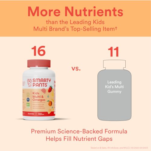SmartyPants Kids Multivitamin Gummies: Omega 3 Fish Oil (EPA/DHA), Vitamin D3, C, Vitamin B12, B6, A, K & Zinc for Immune Support, Biotin, Gluten Free, Three Fruit Flavors, 120 Count (30 Day Supply)