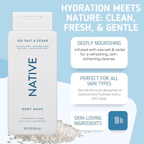Native Body Wash, 2 Pack - Sandelwood and Shea Butter & Sea Salt and Cedar 18oz Clean Body Cleanser, Sulfate-Free, Paraben-Free Formula for All Skin Types