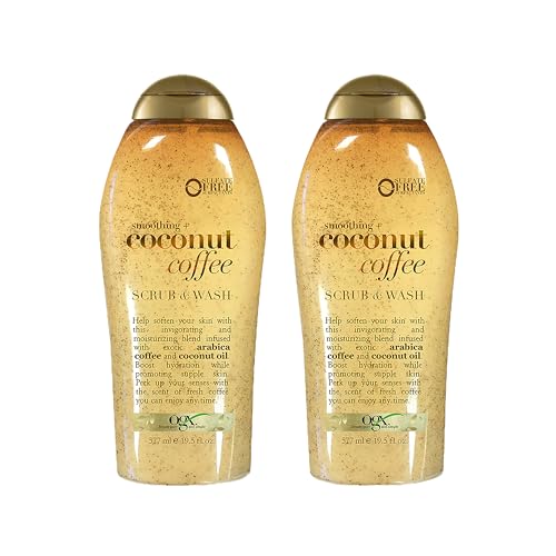 OGX Smoothing + Coconut Coffee Exfoliating Body Scrub with Arabica Coffee & Coconut Oil, Moisturizing Body Wash for Dry Skin, Paraben-Free with Sulfate-Free Surfactants, 19.5 Fl Oz, 2 Pack
