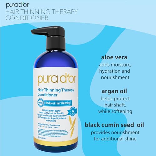 PURA D'OR 16 Oz Hair Thinning Therapy Biotin Conditioner, CLINICALLY TESTED Effective Results, Low Lather Deep Moisturizing Herbal Blend Hair Thickening Products For Women & Men, Color Safe