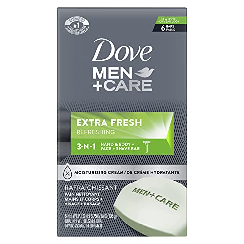 DOVE MEN + CARE 3 in 1 Cleanser for Body, Face, and Shaving to Clean and Hydrate Skin Extra Fresh Body and Facial Cleanser More Moisturizing Than Bar Soap 3.75 oz 6 Bars