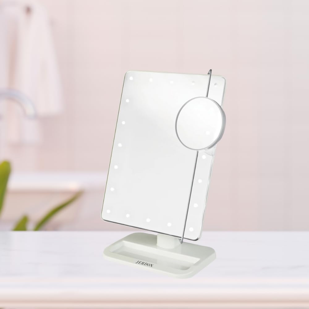 Jerdon JS811W 8-Inch by 11-Inch Rectangular LED Lighted Vanity Mirror with 10x Magnification Spot Mirror, White Finish