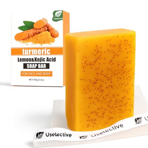 Uselective Kojic Acid & Turmeric Soap Bar for Dark Spot removal - Skin Lightening Soap with Vitamin C, Retinol, Shea Butter & Lemon Oil - for Face, Body, Underarms - SLS Free, for Oily & Dry Skin