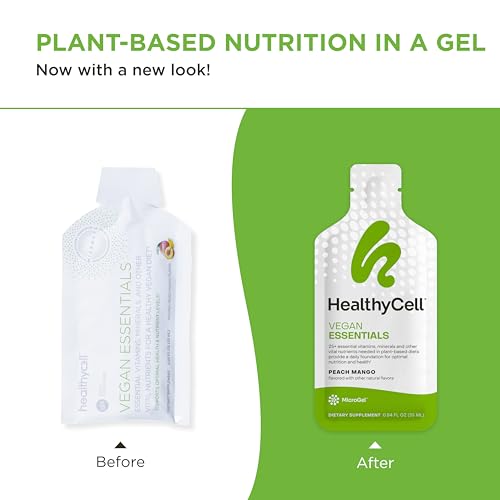 Healthycell Vegan Essentials - Liquid Multivitamin Supplement for Brain, Heart, Immunity, Energy, Skin and Hair Support - Vegan Multivitamin for Women & Men - Maximum Absorption - 30 Gel Packs