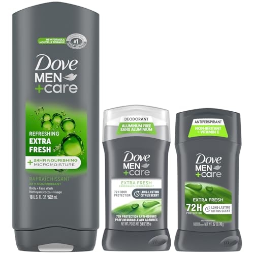 Dove Men + Care Extra Fresh Bundle –Men’s Body Wash, Aluminum-Free Deodorant + Antiperspirant, 72H Protection, Citrus Scent (3 Piece Set)