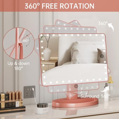 FUNTOUCH Large Lighted Vanity Makeup Mirror (X-Large Model), Light Up Mirror with 35 LED Lights, Touch Screen and 10X Magnification Mirror, 360° Rotation Tabletop Cosmetic Mirror(Rose Gold)