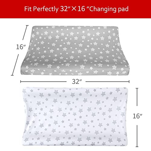 Changing Pad Cover for Boys Girls 2 Pack, Lovely Print Soft Unisex Diaper Change Table Sheets, Fit 32x16 Contoured Pad, Comfy Cozy 2-Pack Cradle Sheets, Grey & White