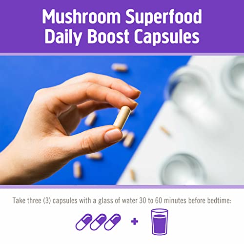 OM MUSHROOM SUPERFOOD Sleep Mushroom Capsules Superfood Supplement, 90 Count, 30 Days, Reishi, GABA, L-Theanine, Melatonin for Rest & Sleep Quality Superfood Supplement