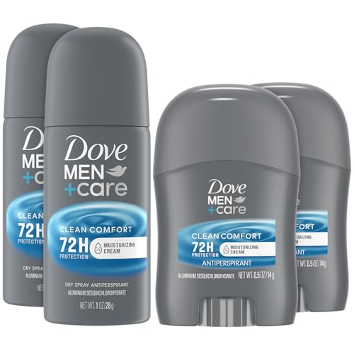 Dove Men + Care Clean Comfort Travel Antiperspirants –Men’s Antiperspirant Spray + Stick, 72H Protection (4 Piece Set)