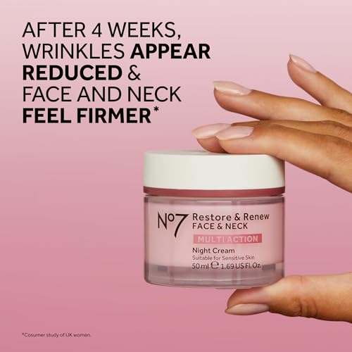 No7 Restore & Renew Multi Action Face & Neck Night Cream - Collagen Peptide Anti Aging Face Cream - Hydrating Hyaluronic Acid Night Cream - Shea Butter + Vitamin E Skin Firming Night Cream (50ml)