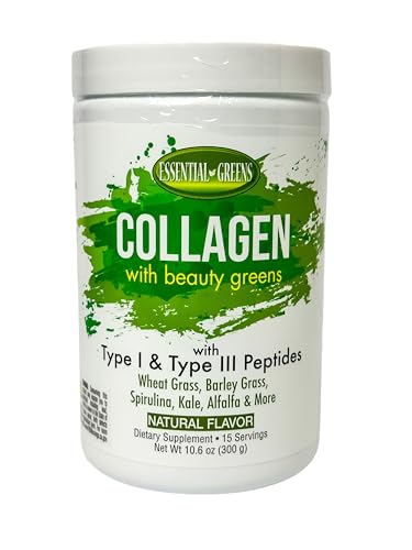 Essential Greens, Collagen with Organic Beauty Greens with Type I & Type III Peptides. Natural Flavors. Dietary Supplement. Wheat Grass, Barley, Spiraling, Kale, Alfalfa & More. 10.6 oz
