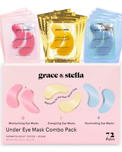 Under Eye Mask - Reduce Dark Circles, Puffy Eyes, Undereye Bags, Wrinkles - Gel Under Eye Patches, Vegan Cruelty-Free Self Care by grace and stella (72 Pairs, GoldPinkBlue)24 Pair (Pack of 3)