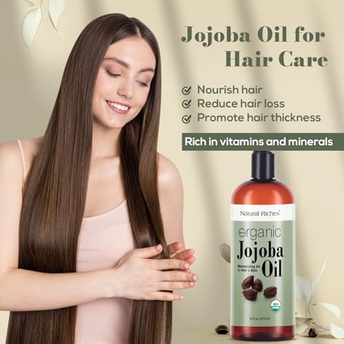 Natural Riches Organic Jojoba Oil, Pure (16 oz) | Moisturizing Oil for Face, Hair, Skin & Nails Cold Pressed Hexane Free Base Carrier oil.
