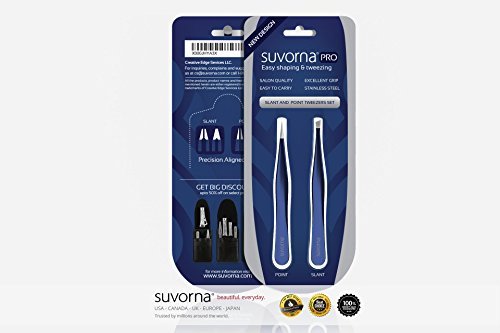 Suvorna 4 Precision Aligned Professional Tweezers Color Sets with Premium Stainless Steel. One Sharp Pointed Pair and One Slant Tip Pair for Eyebrow Shaping. Great for Ingrown Hair. (Blue)