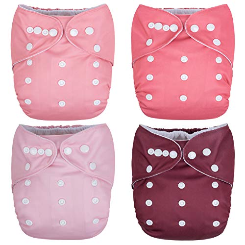 Nora's Nursery Cloth Pocket Diapers 4 Pack with 4 Inserts - Waterproof Cover, Washable, Reusable & One Size Adjustable Pocket Diapers for Newborns and Toddlers - Berry Mauve