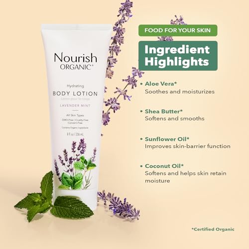 Nourish Organic Body Lotion, Lavender Mint – Hydrating Body Lotion for Dry Skin with Certified Organic Aloe Vera, Shea Butter, Coconut Oil & Cocoa Butter (8 Oz) + Washable Cotton Round