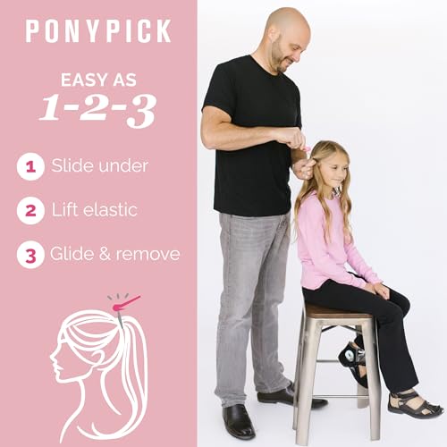 THE PONY PICK Hair Elastic Rubber Bands Cutter Tool – Easy To Use, Pain Free, No Hair Damage – Ponytail Cutter Tool for Kids & Toddlers (3 Packs of Pony Pick & 50 Clear Hair Elastics)