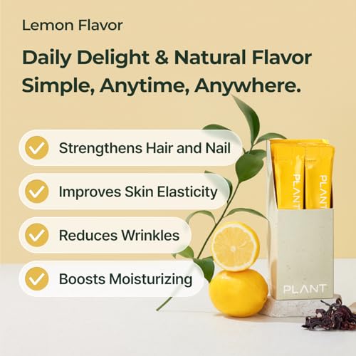 PLANT Vegan Liquid Collagen + Biotin, 15 Servings, Lemon Flavor, Vegetarian Collagen Peptides for Hair, Skin, Nails, Halal, Kosher, High Absorption Collagen Liquid Stick Pack