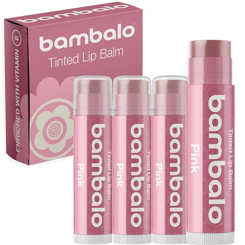 Tinted Lip Balm Pink – Bambalo 4-Pack Hydrating Moisturizing Lip Care – Soft Rosy Tint – Natural & Organic Ingredients – Easy Wear, Everyday Color – Made in USA