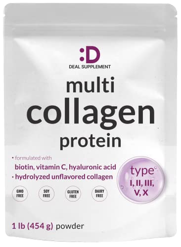 Multi Collagen Protein Powder,1Lb - Type I, II, III, V, X Collagen Peptides with Biotin 10000mcg, Vitamin C & Hyaluronic Acid - Unflavored - Keto & Paleo Friendly, Great for Hair, Skin, Nails & Joints
