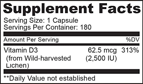 NATURELO Vitamin D3 - Lichen-Powered Immune Boost, with 2500 IU for Bone Health - Whole Food Formula - Vegan Gluten-Free - 180 Mini Capsules (Pack of 2)