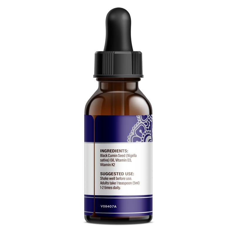 GuruNanda Black Seed Oil, Cold-Pressed Nigella Sativa - Rich in Vitamin D3 5000 Units, K2 & E, High Thymoquinone | Potent Antioxidant for Immune Support, Non-GMO, 2 Fl.oz
