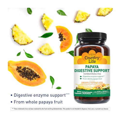 Country Life Chewable Papaya Enzymes for Digestion Support - Natural Pineapple & Papaya Flavor, Assists with Nutrient Absorption, Contains Papain & Protease - 200 and 500 Wafers Available