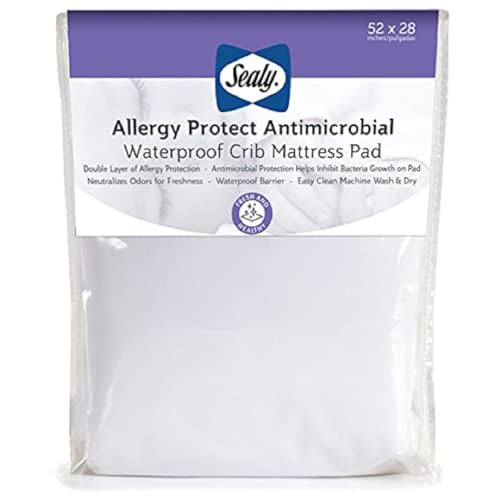Sealy Baby Allergy Protect Antimicrobial Fitted Waterproof Infant Crib Mattress Protector Pad and Toddler Bed Cover, Durable & Comfortable Topper, Machine Washable & Dryer Friendly, 52” x 28”- White