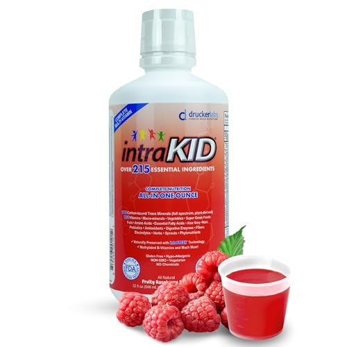 intraKID DRUCKER Labs 2.0 Organic Liquid Trace Minerals, Liquid Multivitamin for Kids, Immune Support, Non GMO, Dairy Free, Gluten Free, Magnesium, Vitamin D, C, E, Zinc, (32 oz., Fruity Raspberry)