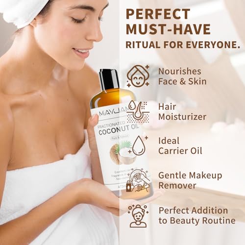 MAYJAM Pure Fractionated Coconut Oils Liquid 16 fl oz Bottle Natural Lightweight Massage Oil Hair Moisturizer,Skin,Relaxing Massage and Body Oils,Perfect Carrier Oil for Essential Oils Mixing