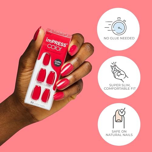 KISS imPRESS Color Press-On Manicure, Gel Nail Kit, PureFit Technology, Short Length, ââ‚¬Å“Frostingââ‚¬Â, Polish-Free Solid Color Mani, Includes Prep Pad, Mini File, Cuticle Stick, and 30 Fake Nails