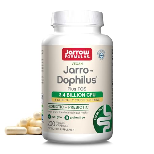 Jarrow Formulas Jarro-Dophilus + FOS - 3.4 Billion Organisms Per Serving - 200 Veggie Caps - Prebiotic & Probiotic - Nutritional Support to Beneficial Bacteria - Up to 200 Servings