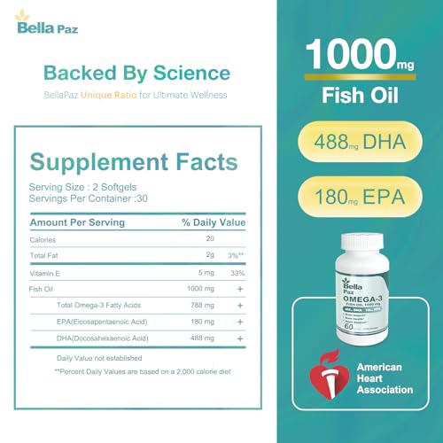 BELLAPAZ Omega 3 FishOil Supplements - 788 mg Omega-3 Fatty Acid Burpless, 488 DHA & 180 EPA for Muscle Bone Heart Brain Support and Health, Supplements for Fitness Sport Men and Women, 60 Softgels