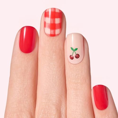 Dashing Diva Gloss Nail Strips - Cherry Please - UV Free, Chip Resistant, Long Lasting Gel Nail Stickers - 3-Piece Manicure Set - Contains 32 Wraps, 1 Prep Pad, 1 File