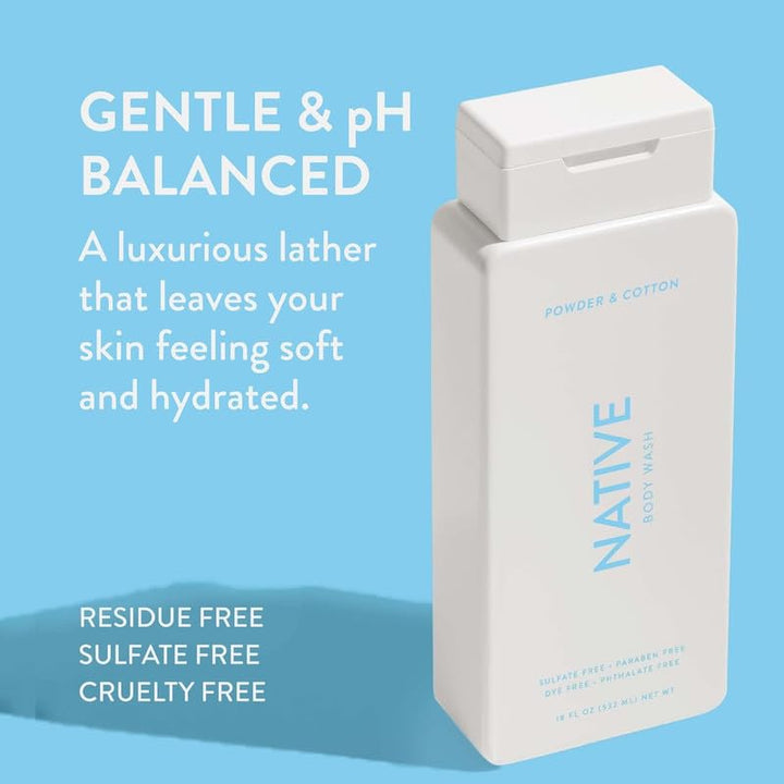 Native Body Wash for Men & Women, Seasonal | Sulfate, Paraben, and Dye Free, with Naturally Derived Clean Ingredients Leaving Skin Soft and Hydrating, Powder & Cotton 18 oz - 2 Pk