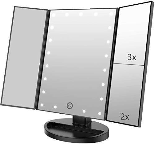 Infitrans 3 Folds Lighted Vanity Makeup Mirror,1X/2X/3X Magnification, 21 LED Light Bright Table Mirror with Touch Screen,180 Adjustable Rotation,Portable Travel Cosmetic Mirror