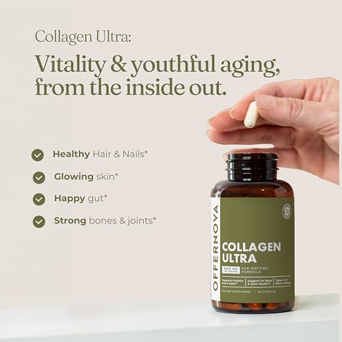 Offernova Collagen Ultra Hydrolyzed Collagen Supplements - 3000mg Anti Aging Bovine Collagen Peptides for Healthy Joints, Bones, Hair and Skin. Pastilla de Colageno Hidrolizado, 90 Capsules