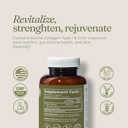 Offernova Collagen Ultra Hydrolyzed Collagen Supplements - 3000mg Anti Aging Bovine Collagen Peptides for Healthy Joints, Bones, Hair and Skin. Pastilla de Colageno Hidrolizado, 90 Capsules