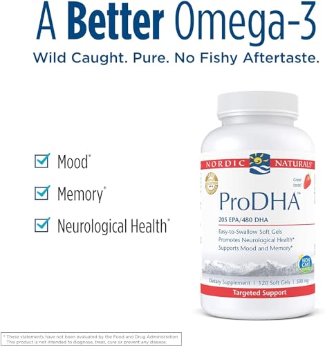 Nordic Naturals ProDHA, Strawberry - 120 Soft Gels - 830 mg Omega-3 - High-Intensity DHA Formula for Neurological Health, Mood & Memory - Non-GMO - 60 Servings