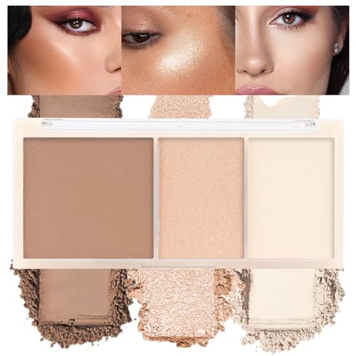 3 IN 1 Brown Nude Face Highlight Bronzer Powder Palette for Face Cheeks Contour Brightening, Buildable Matte Coverage Natural Makeup,Ultra Sculpt Nose Shadow Eyeshadow Primer 01#