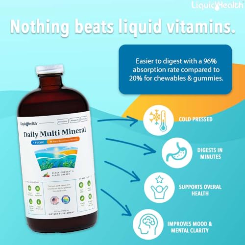 LIQUIDHEALTH Daily Multi Mineral Liquid Supplement with Fulvic Acid, Plant Based Ionic Aquamin Sea Trace Ocean Minerals - Immune Support, Energy, Gut Health, Detox - Vegetarian (3 Pack)
