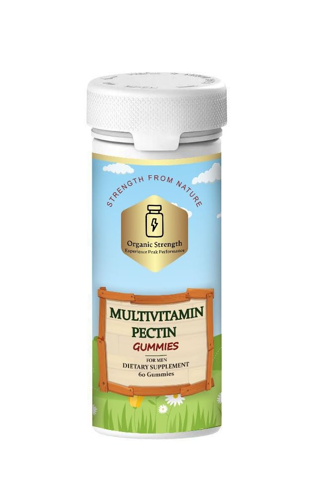Organic Strength Men's Multivitamin Pectin Gummies: Empowering Your Health with 200% Biotin, Folate 100%, Vitamin A, B12, C, D, E, 100% Daily Intake (60 Count)