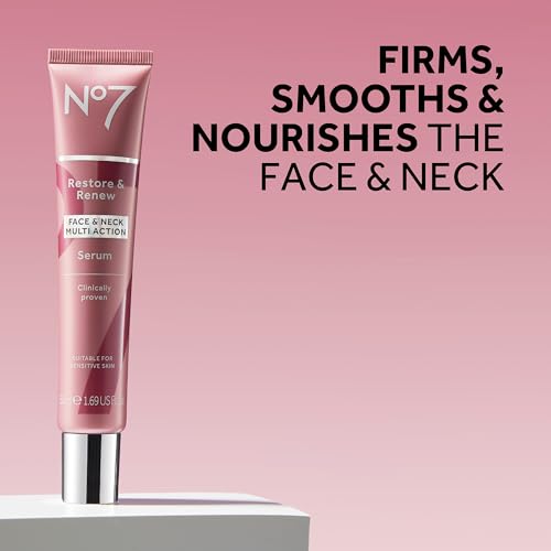 No7 Restore & Renew Multi-Action Face & Neck Serum - Anti Aging Face Serum for Women with Deep Wrinkle Repair - Collagen Infused with Hydrating Hibiscus Peptides & Hyaluronic Acid (0.5 Fl Oz)