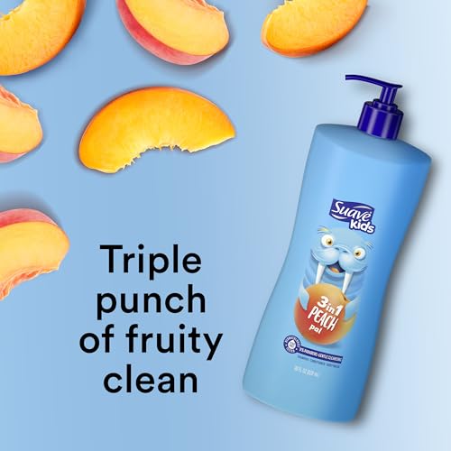 Suave Kids 3-in-1 Tear Free, Body Wash, Shampoo and Conditioners, Dermartologist Tested, Peach Pal, 28 Oz Pack of 4