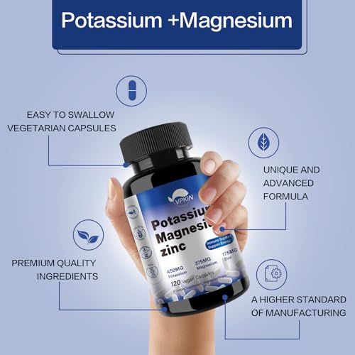 Potassium Magnesium Supplement 1000mg, Magnesium Potassium Zinc Aspartate Support Vascular, Bone, Heart, Muscle & Nerve Health, Non-GMO, Vegan, (120 Capsules)