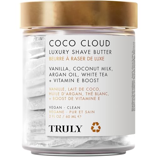 Truly Beauty Coco Cloud Shaving Cream for Women Sensitive Skin Whipped Shave Butter for Legs, Pubic Hair, Underarm, Body, Intimate Bikini Area, etc. 2 OZ