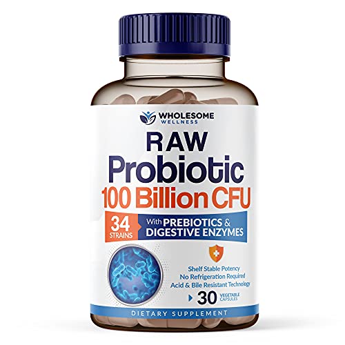 Wholesome Wellness Organic Raw Probiotics 100 Billion CFU, Dr Formulated for Women and Men, Complete Adult Supplement with Prebiotics and Digestive Enzymes; 30 Capsules, Shelf Stable