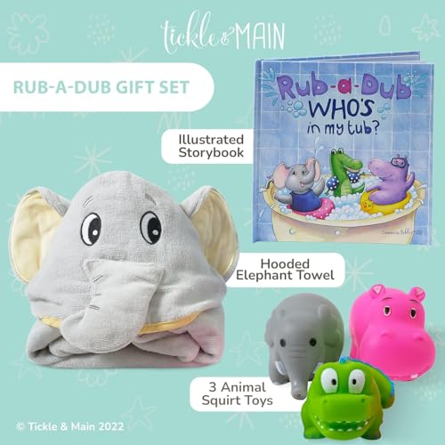 Tickle & Main Rub-a-Dub Gift Set, 5-Piece Baby Bath Set Includes Elephant Hooded Towel, 3 Jungle Safari Squirt Toys, and Book for Boys and Girls